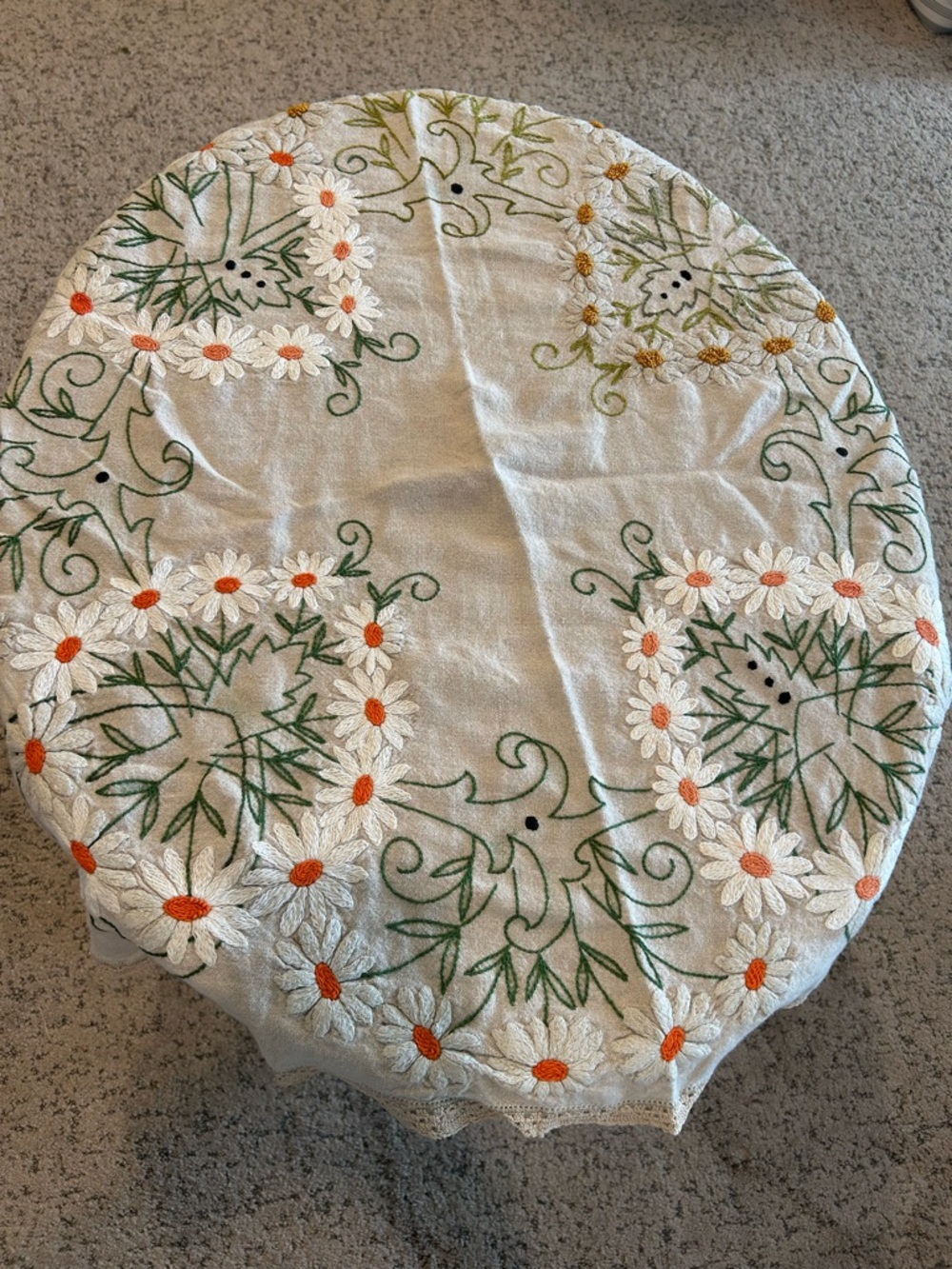 Hand-Embroidered Daisy Table Cover - Cream with Orange & Green 30”x32”